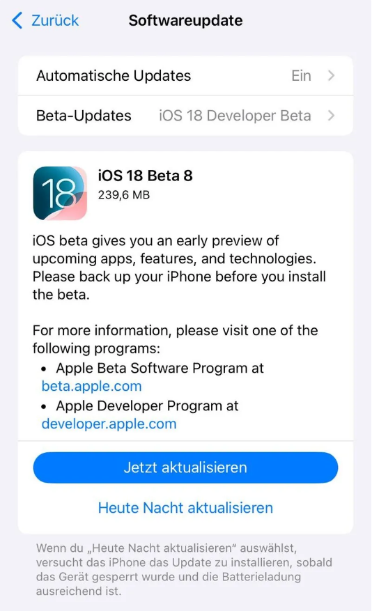 安顺苹果手机维修分享苹果 iOS / iPadOS 18 开发者预览版 Beta 8 发布 